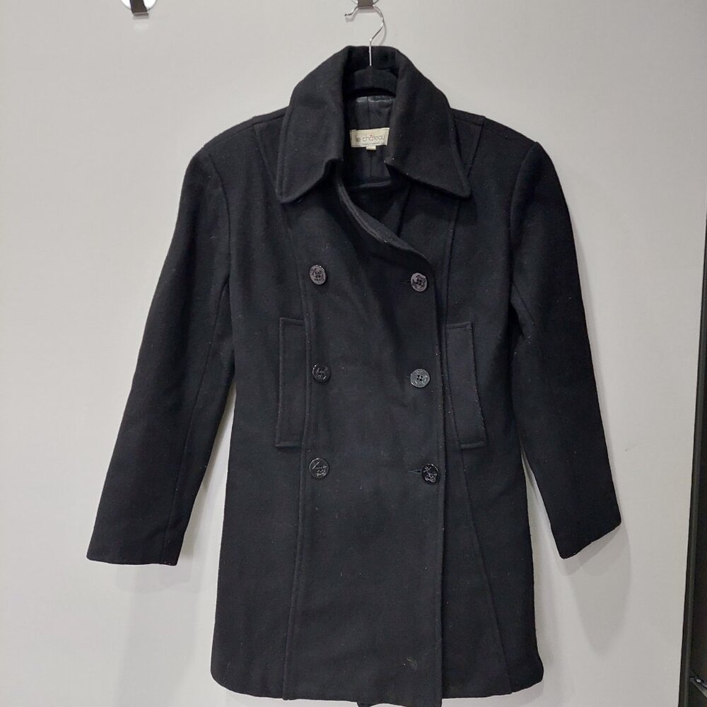 Le Chateau Black Wool Blend Double Breasted Trench Coat (Size S)